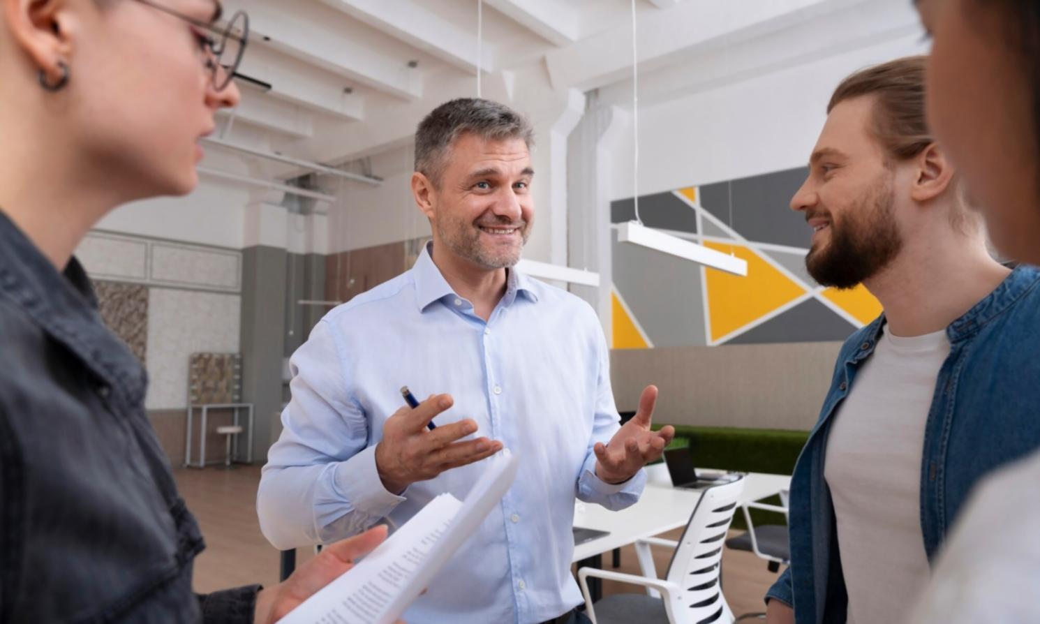 Professional networking event with systems integration specialists discussing solutions